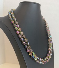 VTG 1950 Aurora Borealis Watermelon Faceted Glass Fancy Clasp 2 Strand Necklace
