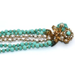 Vintage Signed Miriam Haskell Turquoise Bead Bracelet & Clip On Earrings Set