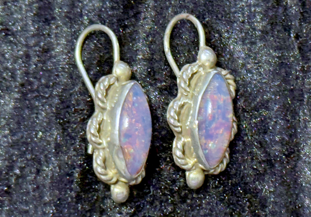 Sterling Silver 925 Mexico Foil Fire Opal Earrings Marquise Dangle MRC Maker Mar