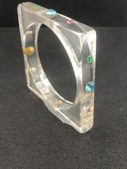 MID-CENTURY Clear Square lucite multicolor inset faceted stones bangle bracelet