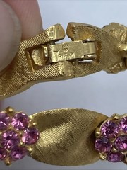 Vintage Trifari Birthday Ribbon Bracelet Pink Rhinestones 6.5″ October Gold Tone