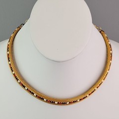 Mesh Necklace Huggie Clip Earrings Set Red White Blue Rhinestones Gold Tone 16″
