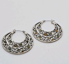 Crescent Hoop Earrings Lot 2 Pair Silver tone Pierced Bohemian Cellular 1.5 in