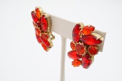 Vintage Clip On Earrings Gold Tone Red Orange Rhinestone
