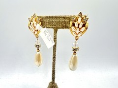 Vintage Gold Pierced Earrings Saks Crystal Bead Dangles 1990s Rice Pearls NOS HM