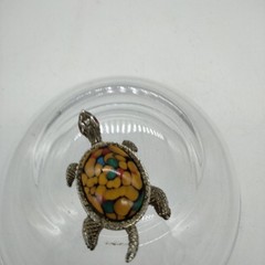 Vintage Japan Glass Cabochon & Brass Large Turtle Brooch with Rhinestone Eyes