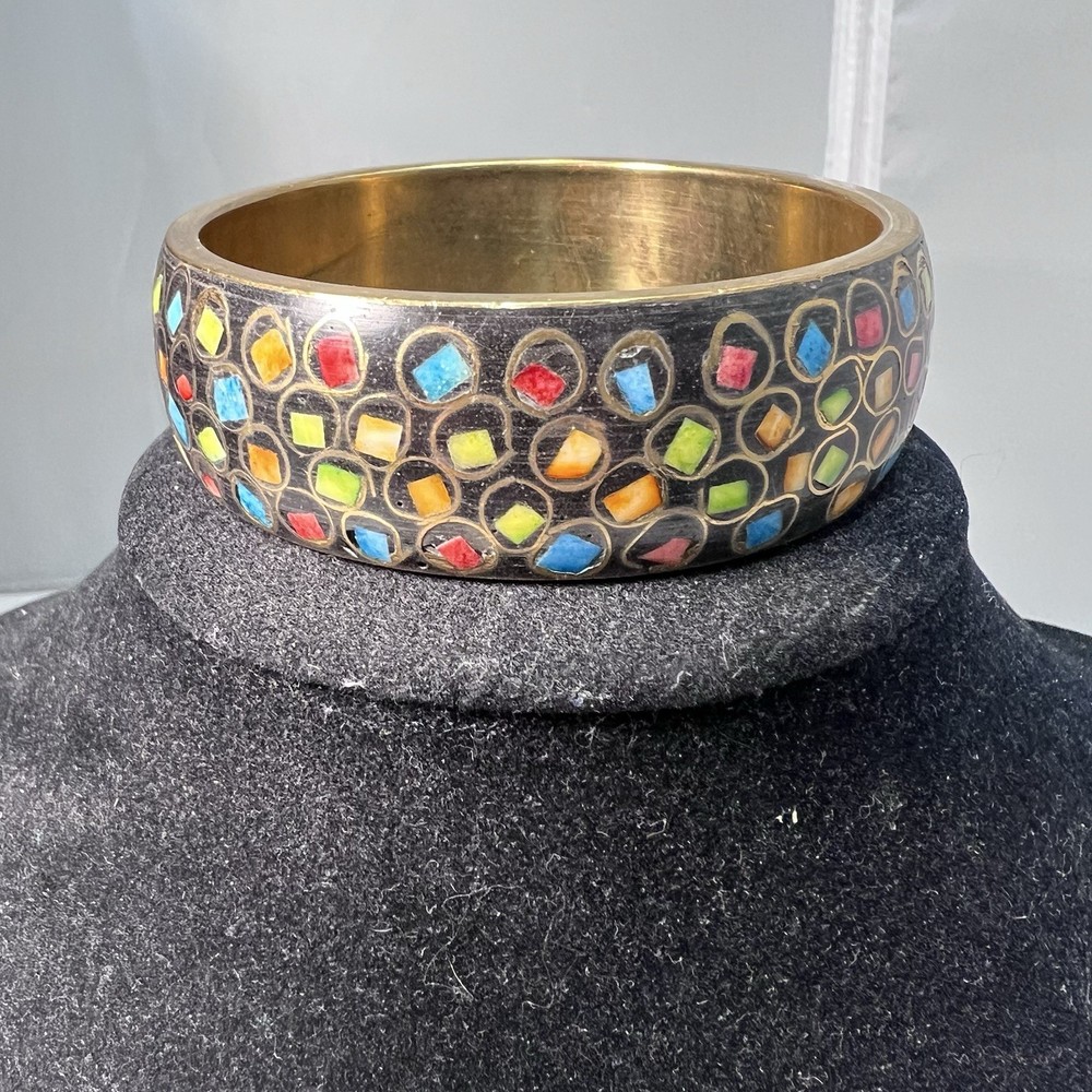 Beautiful Brass Inlaid Ceramic Mosaic Colorful Chips Bangle Bracelet