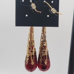 Vintage Red Glass Teardrop Earrings Gold Filigree Dangle Drop Victorian Style