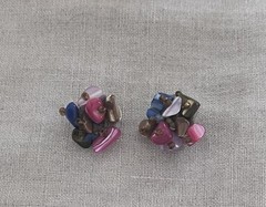 Vintage Blue Pink Amber Beaded Shell Abalone Necklace Earring Set Signed Japan