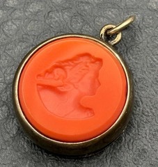 Vintage Extasia Orange Faux Coral Intaglio Cameo Pendant Gold Tone Charm