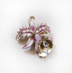 Lovely Vintage Mid Century Coro Rhinestone Enamel Orchid Brooch