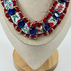 VTG Boho Red Woven Chain Collar Necklace Blue Rhinestone Floral Ribbon Statement