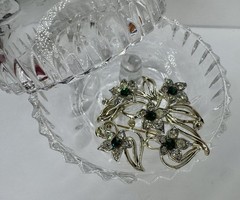 Rare Vintage Kramer Floral Flower Green Clear Rhinestone Silver MCM Brooch Pin