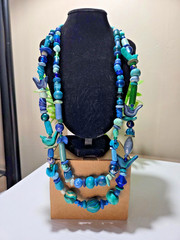 Vintage 2 string 25″ Necklace-Wood carved w/glass/plastic/stone beads Slvr Clasp