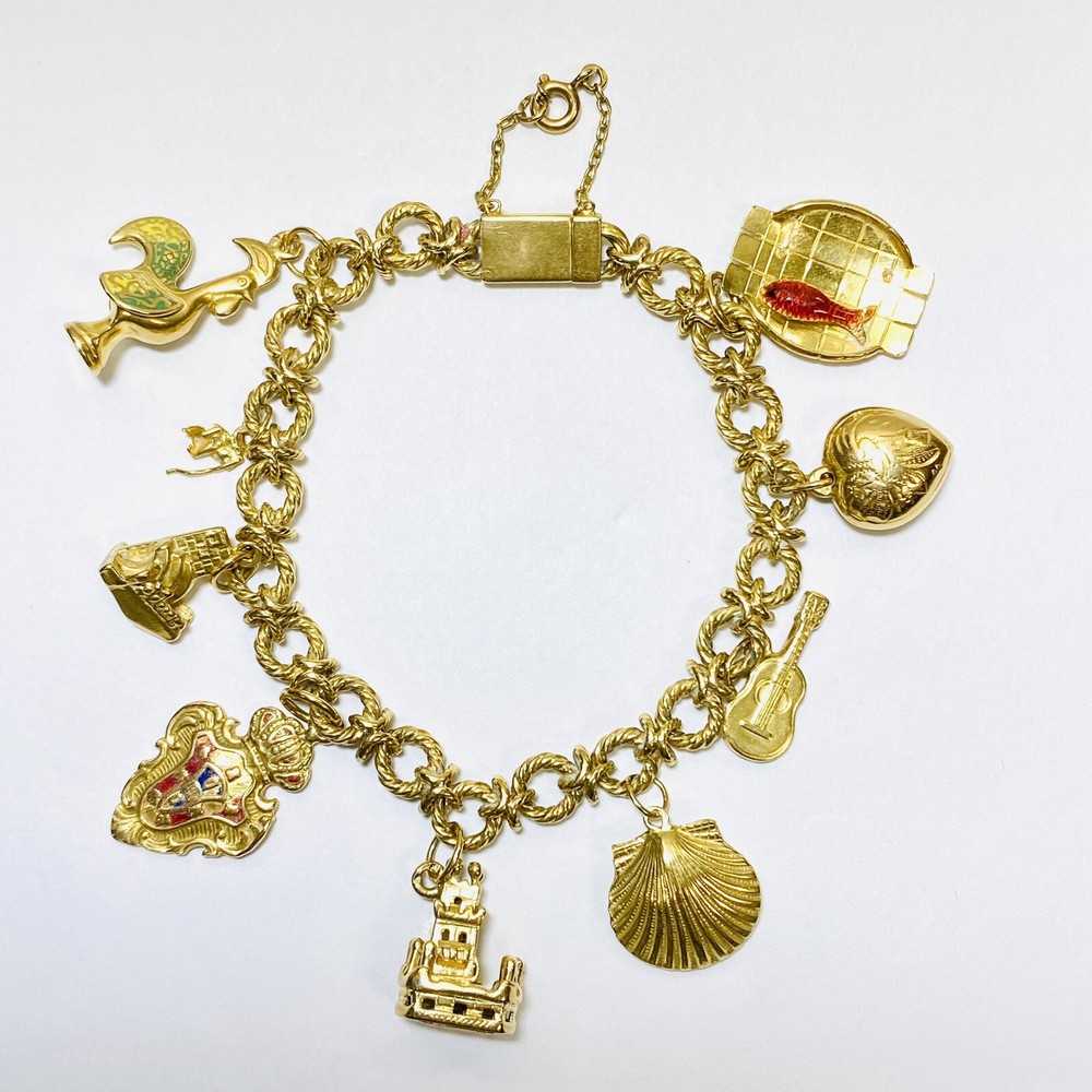 18K Yellow Gold (Stamped 80%) 9 Portugal Symbol Charms 7.25″ Bracelet 31.9g