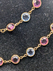 Vintage Gold Tone Pink Blue Purple Crystal Station Necklace Bezel 36in