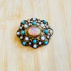 VTG Victorian Style Faux Fire Opal Opalite Brooch Pin Cabochon Pearl Gass Gilt