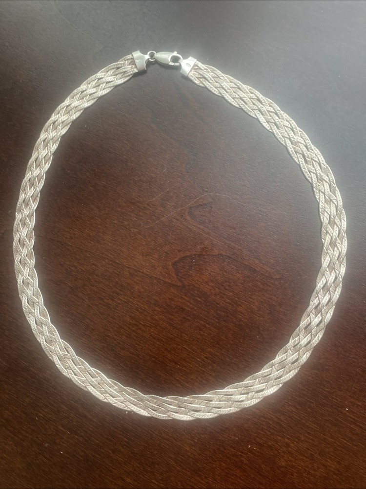 Vintage SU 925 Sterling Silver Braided Herringbone Woven Mesh Necklace 18” X 13m