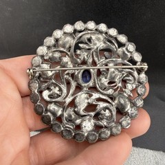 Vintage Pot Metal Rhinestone Brooch Silver Tone Blue