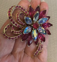 Vintage Signed Weiss Red Rhinestone Flower Brooch Cranberry Marquise Blue AB 3″