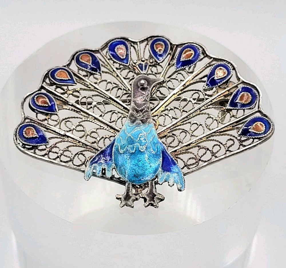 Vintage CLOISONNE Silver PEACOCK Bird Brooch Blue Enamel S 925 Filigree