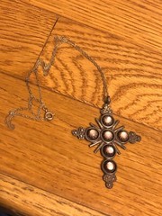 Vintage Pearl Shell 0.925 Silver Cross Pendant Necklace – Signed – FREE SHIPPING