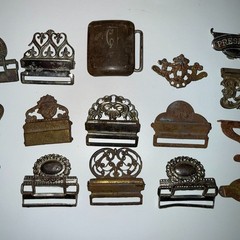 19pc Antique Victorian Gents Suspender Buckle Lot Brass Nickel Filigree 1892 Pat