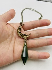 Vintage Art Nouveau Style Bronze Crescent Moon Goddess Green Drop-down Necklace