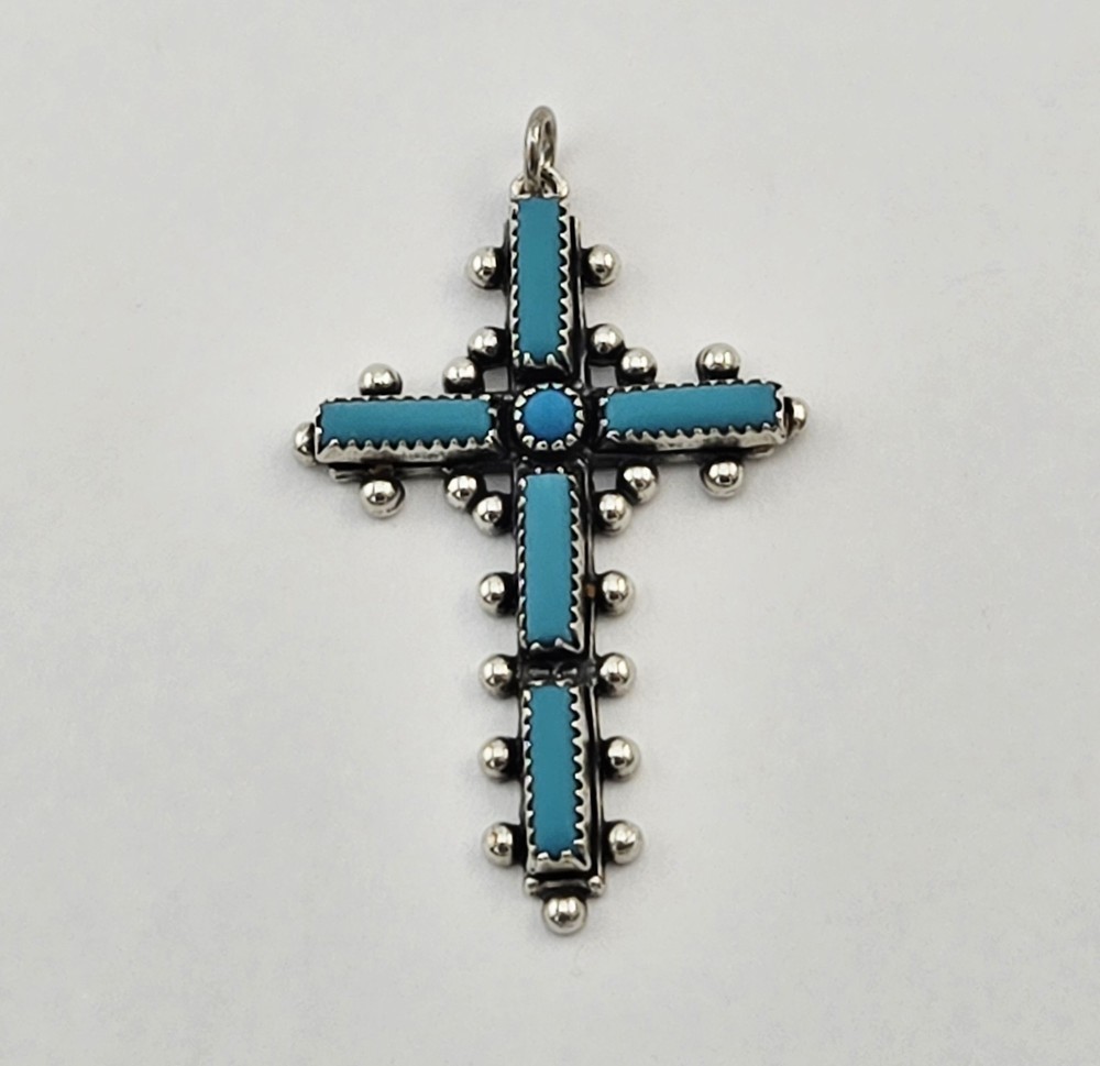 Vintage Bell Trading Post Sterling Silver Turquoise Southwest Cross Pendant 4.9g