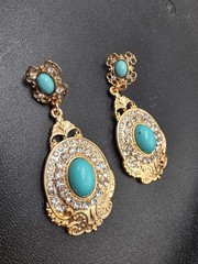 Vintage Gold Tone Turquoise Statement Drop Earrings with Rhinestone Accents