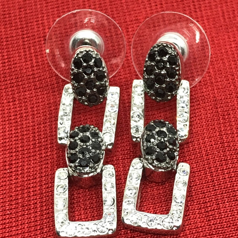 Vintage Silver Tone Black Onyx & Clear Cubic Zirconia Pave Pierced Earrings