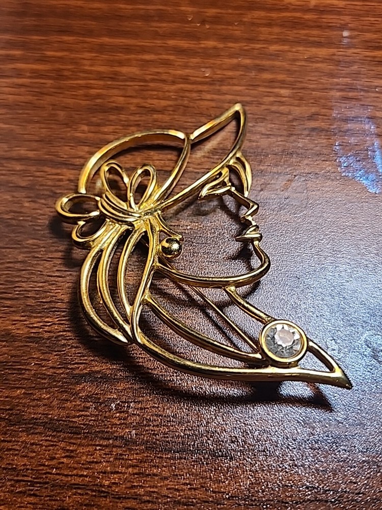 Tona Signed Lady Brooch With A Clear Rhinestone Pendant 3in X 2in