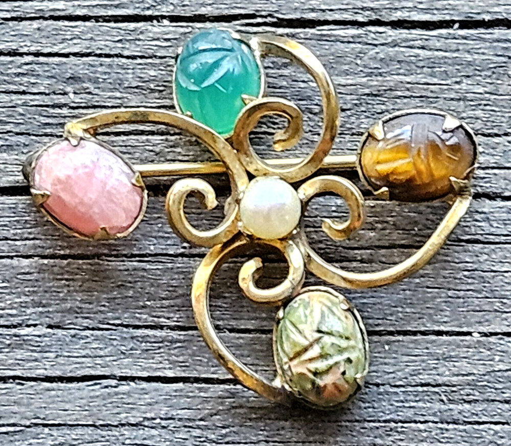 D’Abros 12K Gold Filled Brooch Pearl & Carved Scarab Stones Egyptian Revival