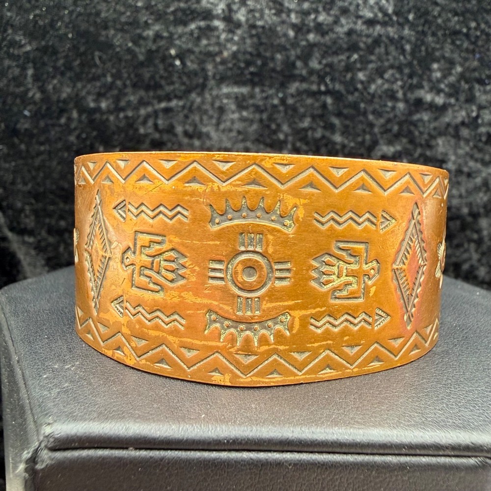 Vintage Copper Bell Trading Cuff Bracelet Western Ethnic Wide Stamped 6”
