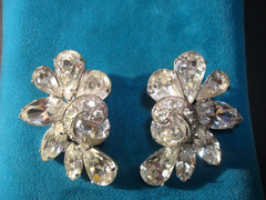 Vtg. EISENBERG BRACELET&TWO PAIRS EARRINGS CLEAR RHINESTONES ALL SIGNED,LOT/SET