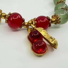 Green Jade & Red Bead Bracelet Gold Tone Peanut Charm Lucky Boho Stacking Gift