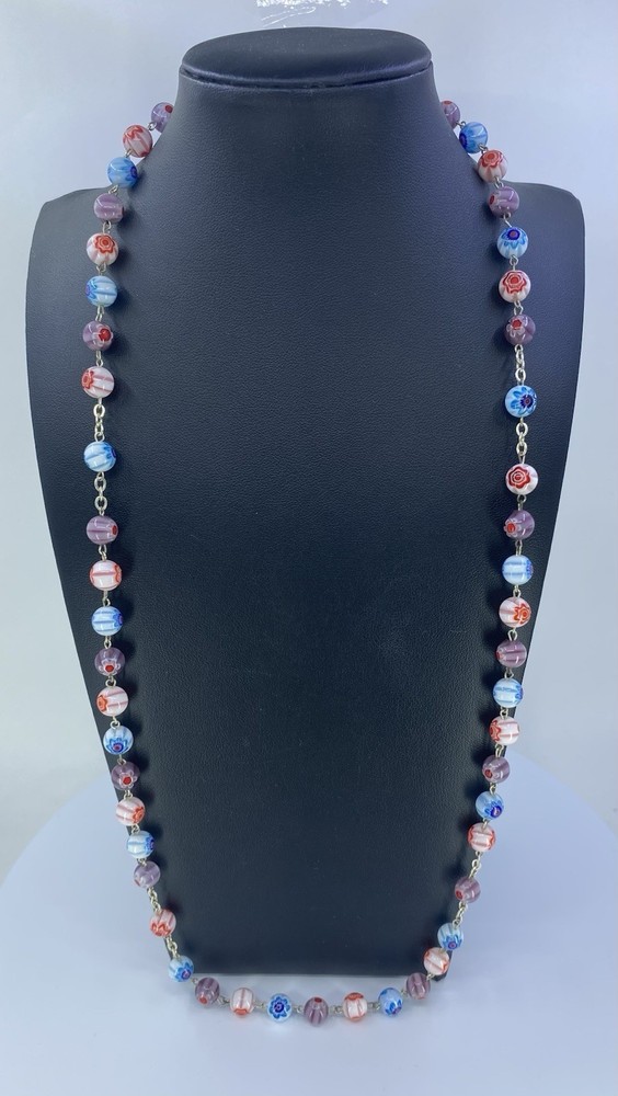 Vintage Pastel Floral Millifiori Glass Bead Necklace, 29in