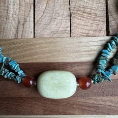 LJ Beaded Necklace 18 Inch Turquoise Carnelian Mutton Fat 925 Sterling 76.7g