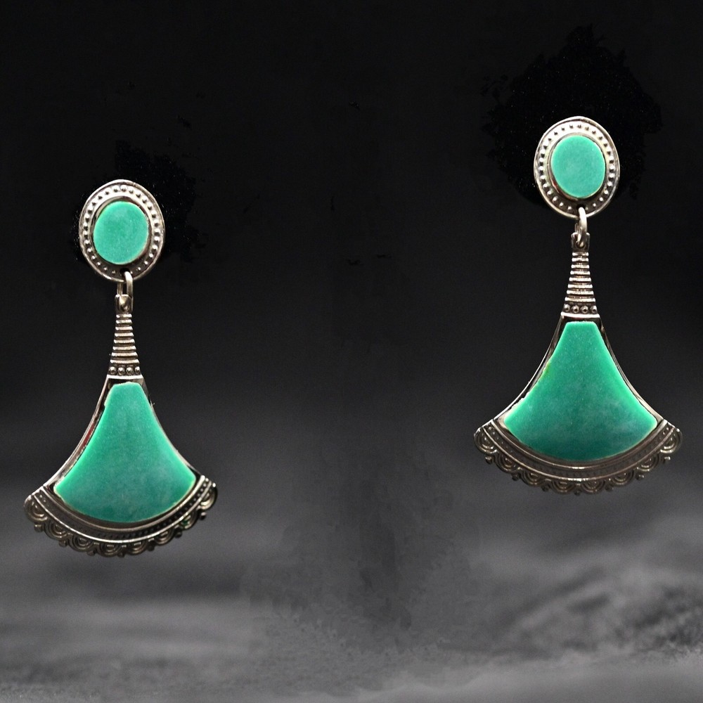 EDGAR BEREBI Original Vintage Signed Emerald Malachite Silver Designer Earrings