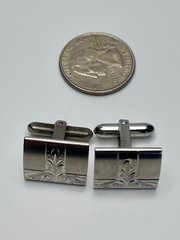 Vintage LaMode Sterling Silver Cufflinks Mid Century Etched Leaf Accent Square