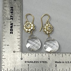 Clear Glass Bead Dangle Earring Faceted Teardrop Flower Rhinestone Gold Tone 1.5