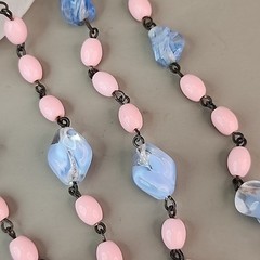 Vintage Art Deco Beaded Necklace Blue Givre Pink Milk Glass 59″ Long Flapper