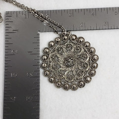 Vintage Silver Tone Filigree Pendant Necklace 26 in Curb Chain Retro Boho
