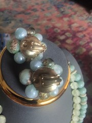 Vintage Seafoam Green Beaded Necklace Lot & Cluster Earrings 3-Piece Jewelry Set