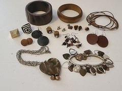Vintage 70s Style Wood & Leather Jewelry Lot Bangles Earrings Necklace Hippie…