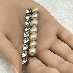 Vintage Bar Brooch Faux Pearl Rhinestone Large Crystal Silver Tone Pin 3.25″