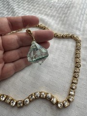 Vintage Gold Tone Aqua Rhinestone Necklace Large Faceted Glass Pretty Pendant