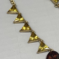 Designer Geometric Bib Necklace Brown Yellow Glass Rhinestone Gold Tone 19″