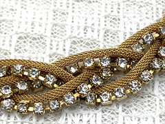 BRAIDED Goldtone Mesh & Clear Rhinestone 15″ Necklace & 1-1/4 x 1″ Clip Earrings