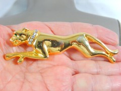 VTG JACKIE COLLINS PANTHER JUNGLE CAT GOLD TONE RHINESTONE LARGE 3.58″ BROOCH